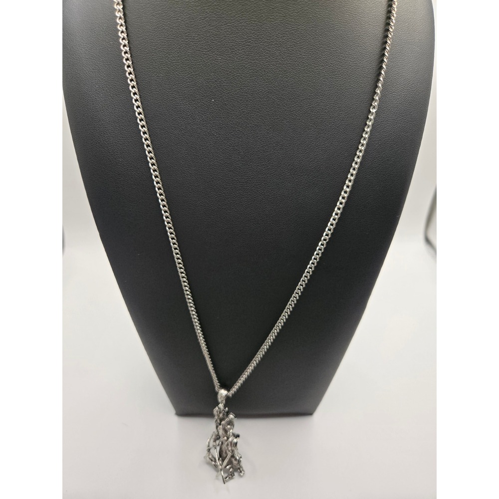 Anime Warrior Pendant Necklace Silver Tone Dual Sword Fighter Curb Chain 24 Inch